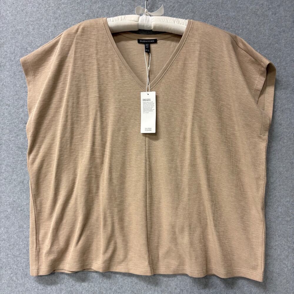 Eileen Fisher Organic Cotton Slub Rib V-Neck Square Top XL Wheat Cap Sleeve NWT